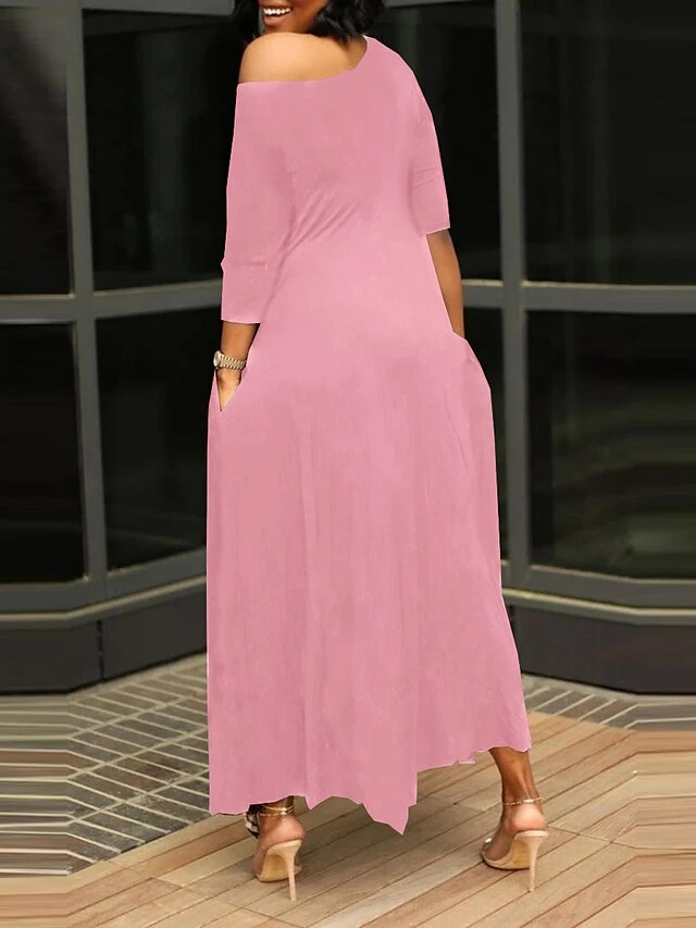 Women's Work Dress Black Dress White Dress Fashion Long Dress Maxi Dress Ruched Pocket One Shoulder 3/4 Length Sleeve Plain Regular Fit Black White Pink Fall S M L XL XXL 10 Women's Work Dress Black Dress White Dress Fashion Long Dress Maxi Dress Ruched Pocket One Shoulder 3/4 Length Sleeve Plain Regular Fit Black White Pink Fall S M L XL XXL - Image 8