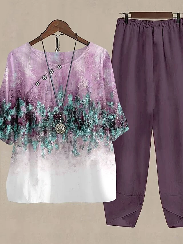 Women's Shirt Pants Sets Pink Purple Green Graphic Print Holiday Weekend Daily Basic Round Neck Regular Fit Fall & Winter 5 Women's Shirt Pants Sets Pink Purple Green Graphic Print Holiday Weekend Daily Basic Round Neck Regular Fit Fall & Winter - Image 3