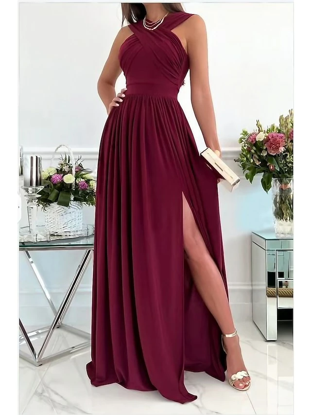Women's Party Dress Wedding Guest Dress Long Dress Maxi Dress Wine Red Beige Sleeveless Pure Color Backless Spring Summer Halter Neck 2023 S M L XL XXL 3 Women's Party Dress Wedding Guest Dress Long Dress Maxi Dress Wine Red Beige Sleeveless Pure Color Backless Spring Summer Halter Neck 2023 S M L XL XXL