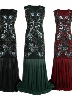Women's Retro 1920s Sequin Dress Long Dress Maxi Dress Party Evening Party Sequins Patchwork Floral V Neck Sleeveless Regular Fit Spring Fall 2023 Black Red S M L XL