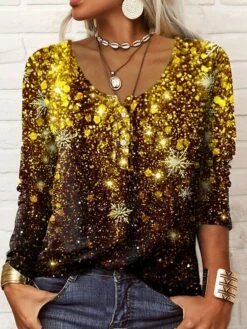 Women's T Shirt Tee Henley Shirt Maroon Grass Green White Galaxy Sparkly Button Print Long Sleeve Casual Weekend Basic Round Neck Regular Painting Plus Size L -LIGHTINTHEBOX Shop jhftlc1639473788154