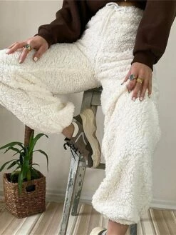 Women's Fleece Pants Sweatpants Chinos Full Length Micro-elastic High Waist Basic Comfort Street Daily White Khaki S M Fall Winter