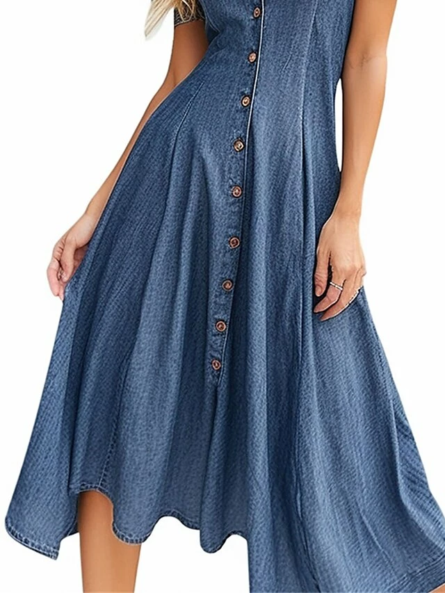 Women's Casual Dress Swing Dress Denim Shirt Dress Midi Dress Denim Fashion Modern Outdoor Daily Vacation Shirt Collar Button Short Sleeve Summer Spring 2023 Regular Fit Blue Plain S M L XL 2XL 5 Women's Casual Dress Swing Dress Denim Shirt Dress Midi Dress Denim Fashion Modern Outdoor Daily Vacation Shirt Collar Button Short Sleeve Summer Spring 2023 Regular Fit Blue Plain S M L XL 2XL - Image 3