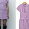 Women's Work Dress Casual Dress Sheath Dress Fashion Office Daily Mini Dress Patchwork Button Stand Collar Short Sleeve Plain Regular Fit Purple Fall Winter S M L