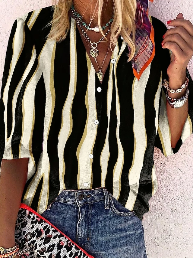 Women's Shirt Blouse Black Blue Purple Striped Button Print Long Sleeve Daily Weekend Streetwear Casual V Neck Regular Fit Spring Fall 4 Women's Shirt Blouse Black Blue Purple Striped Button Print Long Sleeve Daily Weekend Streetwear Casual V Neck Regular Fit Spring Fall - Image 2