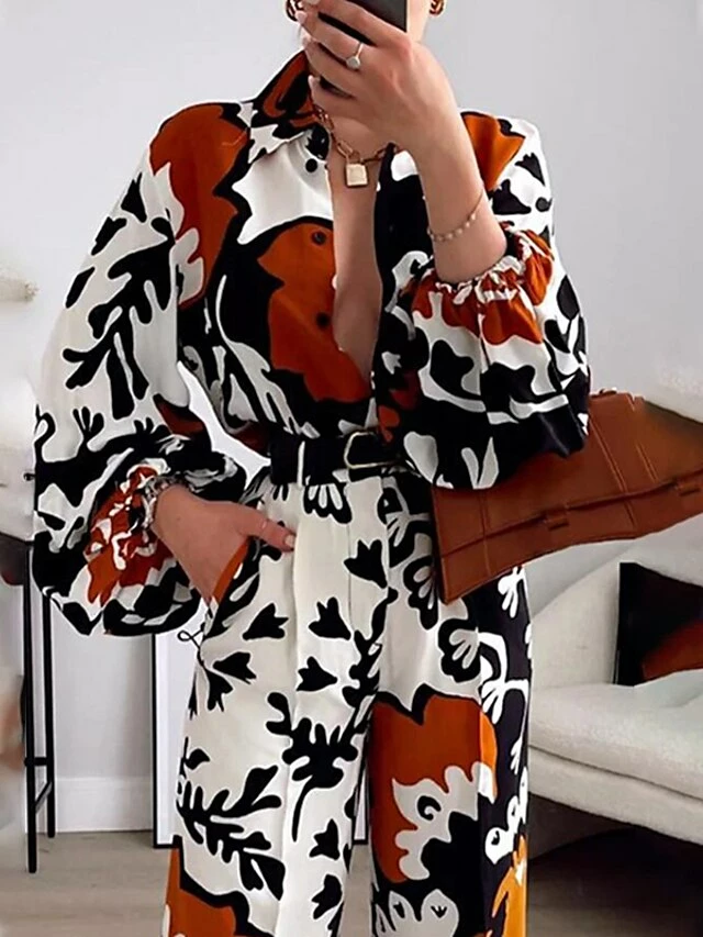 Women's Shirt Pants Sets Brown Plant Print Long Sleeve Casual Holiday Basic Shirt Collar Regular Fit Spring &Fall 4 Women's Shirt Pants Sets Brown Plant Print Long Sleeve Casual Holiday Basic Shirt Collar Regular Fit Spring &Fall - Image 2