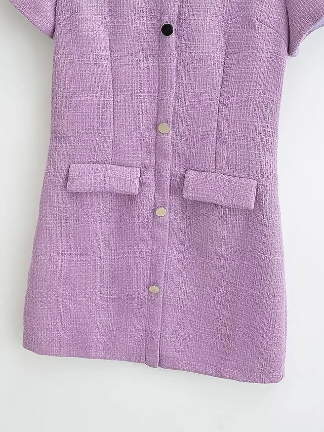 Women's Work Dress Casual Dress Sheath Dress Fashion Office Daily Mini Dress Patchwork Button Stand Collar Short Sleeve Plain Regular Fit Purple Fall Winter S M L 7 Women's Work Dress Casual Dress Sheath Dress Fashion Office Daily Mini Dress Patchwork Button Stand Collar Short Sleeve Plain Regular Fit Purple Fall Winter S M L - Image 5