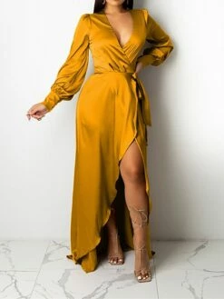 Women‘s Wedding Guest Dress Party Dress Satin Dress Sheath Dress Swing Dress Long Dress Maxi Dress Black Yellow Pink Long Sleeve Pure Color Lace Up Winter Fall Spring V Neck Mature Winter Dress 2023 -LIGHTINTHEBOX Shop jkwxte1643182438932