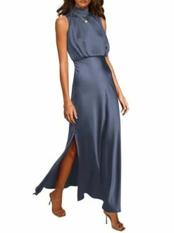Women's Prom Dress Party Dress Satin Dress Long Dress Maxi Dress Black Light Green Wine Sleeveless Pure Color Split Summer Spring Stand Collar Fashion Evening Party Wedding Guest Vacation Loose Fit -LIGHTINTHEBOX Shop jlblir1678413531835