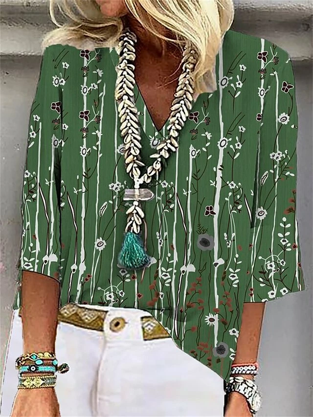 Women's Shirt Blouse White Green Floral Print 3/4 Length Sleeve Casual Holiday Fashion Basic Elegant V Neck Regular Fit Floral 6 Women's Shirt Blouse White Green Floral Print 3/4 Length Sleeve Casual Holiday Fashion Basic Elegant V Neck Regular Fit Floral - Image 4