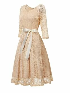 Women‘s Vintage Tea Dresses Party Dress Lace Dress Homecoming Dress Knee Length Dress Pink Wine Navy Blue 3/4 Length Sleeve Pure Color Lace Summer Spring Fall V Neck Classic Winter Dress -LIGHTINTHEBOX Shop jlpisj1600920048831