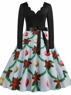 Women's Christmas Casual Dress Swing Dress Midi Dress Blue Purple Royal Blue Light Blue White Long Sleeve Santa Claus Elk Tree Bow Print Winter Fall V Neck Vacation Vintage 2022 S M L XL