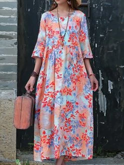 Women's Casual Dress Cotton Linen Dress Swing Dress Midi Dress Linen / Cotton Blend Sweet Style Modern Outdoor Daily Holiday Crew Neck Print 3/4 Length Sleeve Fall Winter Autumn 2023 Loose Fit Yellow -LIGHTINTHEBOX Shop jmbzjt1693553152847