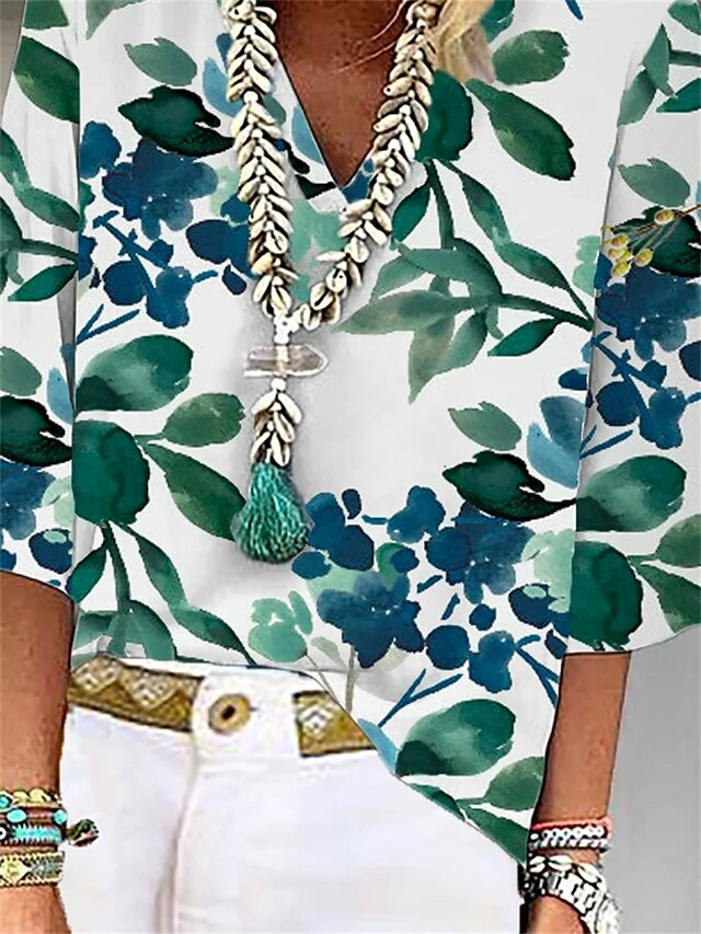 Women's Shirt Blouse White Green Floral Print 3/4 Length Sleeve Casual Holiday Fashion Basic Elegant V Neck Regular Fit Floral 4 Women's Shirt Blouse White Green Floral Print 3/4 Length Sleeve Casual Holiday Fashion Basic Elegant V Neck Regular Fit Floral - Image 2