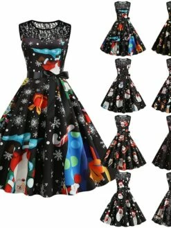 Womenâs Christmas Retro 1950s Vintage Dress Midi Dress Party Patchwork Bow Santa Claus Crew Neck Sleeveless Regular Fit Fall Winter 2023 Black White S M L XL