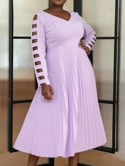 Women's Plus Size Curve Party Dress Work Dress Swing Dress Plain Midi Dress Long Sleeve Pleated Cut Out V Neck Fashion Party Purple Fall Winter XL XXL 3XL 4XL -LIGHTINTHEBOX Shop jmsswg1694165773741