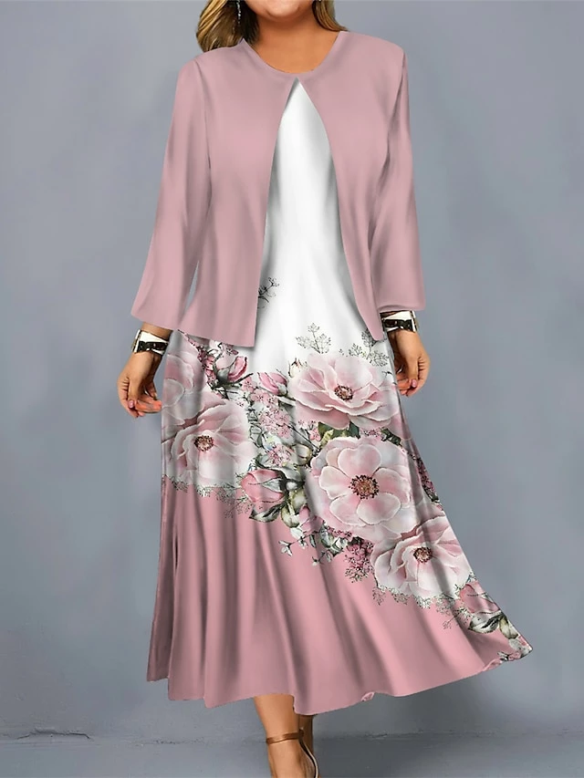 Women's Plus Size Curve Casual Dress Dress Set Two Piece Dress Floral Midi Dress Long Sleeve Print Crew Neck Mature Outdoor Pink Light Blue Fall Winter L XL XXL 3XL 4XL 4 Women's Plus Size Curve Casual Dress Dress Set Two Piece Dress Floral Midi Dress Long Sleeve Print Crew Neck Mature Outdoor Pink Light Blue Fall Winter L XL XXL 3XL 4XL - Image 2