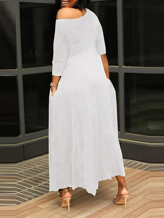 Women's Work Dress Black Dress White Dress Fashion Long Dress Maxi Dress Ruched Pocket One Shoulder 3/4 Length Sleeve Plain Regular Fit Black White Pink Fall S M L XL XXL 8 Women's Work Dress Black Dress White Dress Fashion Long Dress Maxi Dress Ruched Pocket One Shoulder 3/4 Length Sleeve Plain Regular Fit Black White Pink Fall S M L XL XXL - Image 6