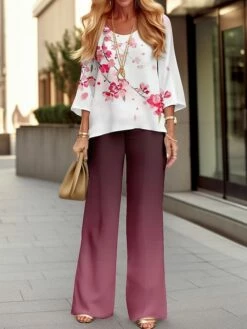 Women's Shirt Pants Sets Red Floral Print Long Sleeve Casual Daily Fashion Round Neck Regular Fit Spring &Fall