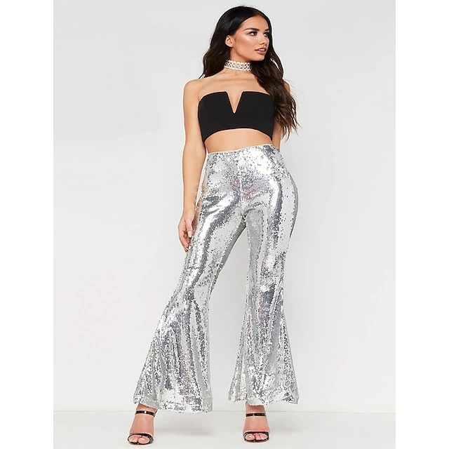 Women's Bootcut Flare Flared Pants Bell Bottom Silver Black Mid Waist Fashion Party Casual Weekend Sequins Micro-elastic Ankle-Length Comfort Plain S M L XL XXL 3 Women's Bootcut Flare Flared Pants Bell Bottom Silver Black Mid Waist Fashion Party Casual Weekend Sequins Micro-elastic Ankle-Length Comfort Plain S M L XL XXL