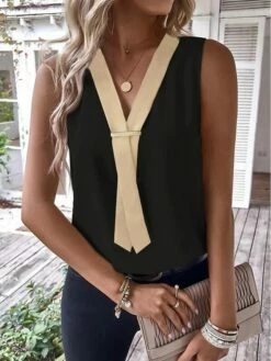 Women's Tank Top Black Brown Green Color Block Sleeveless Casual Basic V Neck Regular Fit -LIGHTINTHEBOX Shop jolheg1679912965913