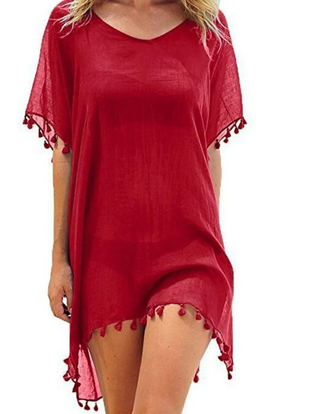 Women's Swimwear Cover Up Beach Dress Normal Swimsuit Tassel Pure Color Green White Gray Rosy Pink Wine V Wire Bathing Suits New Vacation Fashion /y / Modern 7 Women's Swimwear Cover Up Beach Dress Normal Swimsuit Tassel Pure Color Green White Gray Rosy Pink Wine V Wire Bathing Suits New Vacation Fashion /y / Modern - Image 5