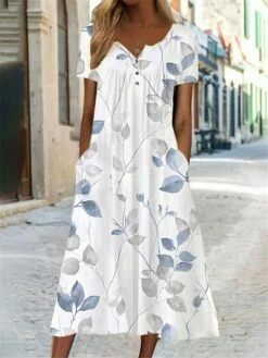 Women's Casual Dress Summer Dress Print Dress Leaf Floral Button Pocket Split Neck Midi Dress Fashion Streetwear Outdoor Daily Short Sleeve Loose Fit Yellow Blue Green Summer Spring S M L XL XXL -LIGHTINTHEBOX Shop jpvprd1687337052928