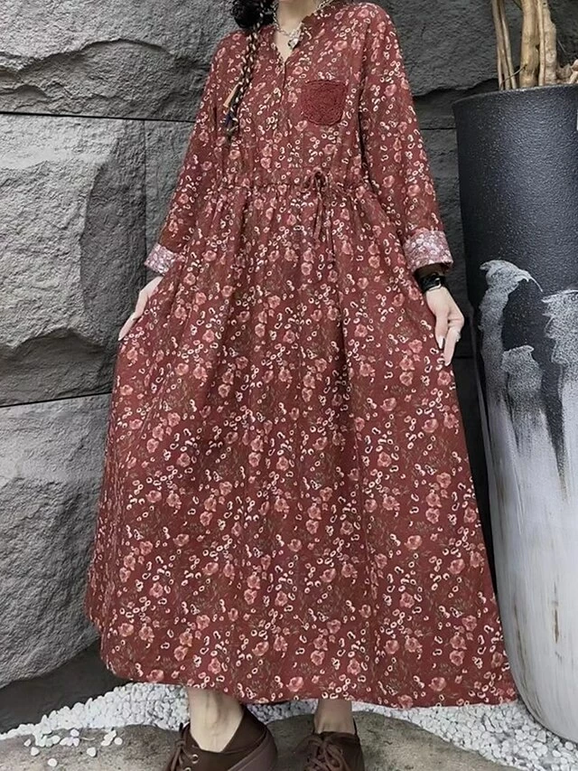 Women's Casual Dress Cotton Linen Dress Swing Dress Maxi Long Dress Linen Cotton Blend Daily Casual Outdoor Daily Vacation Split Neck Button Print Long Sleeve Spring Fall Winter 2023 Loose Fit Wine 6 Women's Casual Dress Cotton Linen Dress Swing Dress Maxi Long Dress Linen Cotton Blend Daily Casual Outdoor Daily Vacation Split Neck Button Print Long Sleeve Spring Fall Winter 2023 Loose Fit Wine - Image 4