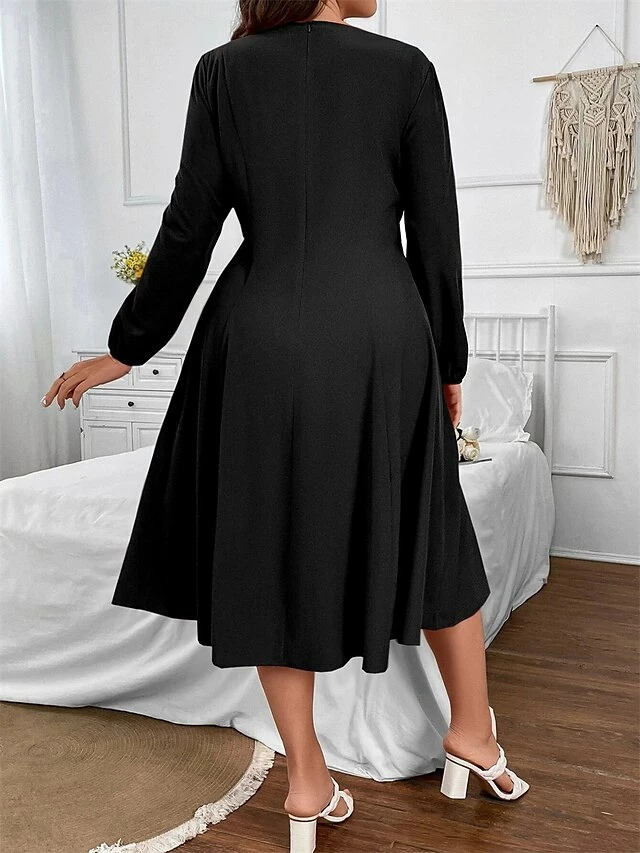 Women's Plus Size Curve Party Dress Cocktail Dress Black Dress Midi Dress Black Long Sleeve Pure Color Lace Up Spring Fall Winter Square Neck Fashion Winter Dress Birthday Wedding Guest XL XXL 3XL 4 Women's Plus Size Curve Party Dress Cocktail Dress Black Dress Midi Dress Black Long Sleeve Pure Color Lace Up Spring Fall Winter Square Neck Fashion Winter Dress Birthday Wedding Guest XL XXL 3XL - Image 2