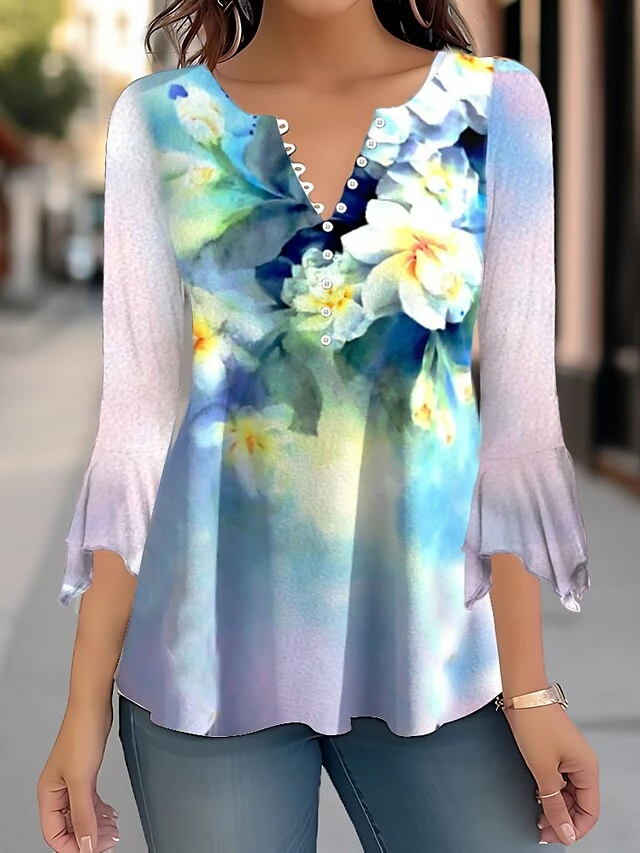 Women's Shirt Blouse Pink Blue Floral Button Print 3/4 Length Sleeve Casual Holiday Fashion Round Neck Regular Fit Floral Spring &Fall 3 Women's Shirt Blouse Pink Blue Floral Button Print 3/4 Length Sleeve Casual Holiday Fashion Round Neck Regular Fit Floral Spring &Fall