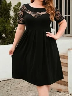 Women's Plus Size Curve Party Dress Lace Dress Semi Formal Dress Solid Color Midi Dress Short Sleeve Lace Crew Neck Fashion Party ArmyGreen Black Fall Winter XL XXL 3XL 4XL