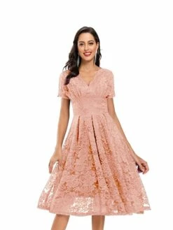 Women's Party Dress Lace Dress Homecoming Dress Midi Dress Black Pink Wine Short Sleeve Pure Color Lace Summer Spring Fall V Neck Fashion Evening Party Wedding Guest Fall Dress 2023 S M L XL -LIGHTINTHEBOX Shop jsjrry1678263170043