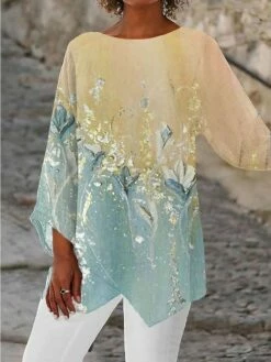 Women's Shirt Blouse Yellow Light Green Blue Graphic Abstract Asymmetric Print Long Sleeve Casual Holiday Basic Round Neck Regular Fit Spring Fall