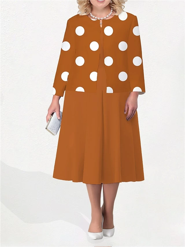 Women's Plus Size Curve Two Piece Dress Set Casual Dress Print Dress Outdoor Office Fashion Streetwear Print Midi Dress Crew Neck Long Sleeve Polka Dot White Yellow Fuchsia Fall Winter L XL XXL 6 Women's Plus Size Curve Two Piece Dress Set Casual Dress Print Dress Outdoor Office Fashion Streetwear Print Midi Dress Crew Neck Long Sleeve Polka Dot White Yellow Fuchsia Fall Winter L XL XXL - Image 4