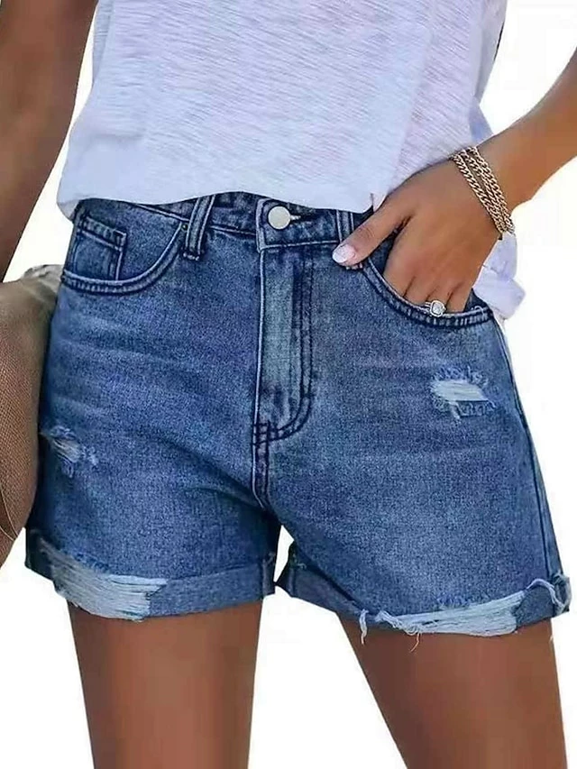 Women's Jeans Shorts Denim Blue Light Blue Mid Waist Fashion Weekend Streetwear Side Pockets Cut Out Micro-elastic Short Comfort Solid Color S M L XL XXL 4 Women's Jeans Shorts Denim Blue Light Blue Mid Waist Fashion Weekend Streetwear Side Pockets Cut Out Micro-elastic Short Comfort Solid Color S M L XL XXL - Image 2