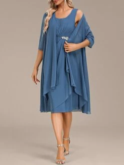 Women's Two Piece Dress Set Party Dress Chiffon Dress Party Wedding Guest Fashion Elegant Ruffle Midi Dress Crew Neck 3/4 Length Sleeve Plain Loose Fit Blue Fall Winter S M L XL XXL -LIGHTINTHEBOX Shop jtjief1696604910254