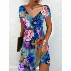 Women's Casual Dress Summer Dress Print Dress Floral Print V Neck Mini Dress Active Fashion Outdoor Daily Short Sleeve Regular Fit Black And White Olive Green Colourful Summer Spring S M L XL XXL -LIGHTINTHEBOX Shop jtoeds1682667808402