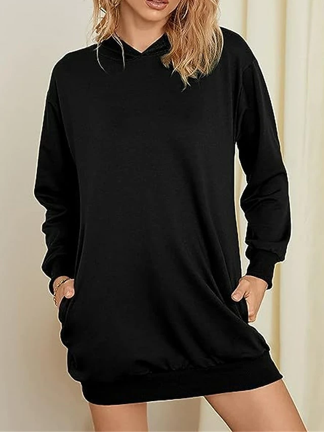 Women's Casual Dress Hoodie Dress Midi Dress Fashion Daily Outdoor Vacation Going Out Hoodie Pocket Solid Color Loose Fit Black White Red S M L XL XXL 3 Women's Casual Dress Hoodie Dress Midi Dress Fashion Daily Outdoor Vacation Going Out Hoodie Pocket Solid Color Loose Fit Black White Red S M L XL XXL