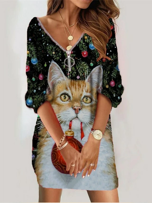 Women‘s Christmas Sweatshirt Dress Winter Dress Short Mini Dress Yellow Gold Red White Black Long Sleeve Cat Santa Claus Elk Zipper Print Fall V Neck Vacation Casual Loose Fit 2022 S M L XL XXL 4 Women‘s Christmas Sweatshirt Dress Winter Dress Short Mini Dress Yellow Gold Red White Black Long Sleeve Cat Santa Claus Elk Zipper Print Fall V Neck Vacation Casual Loose Fit 2022 S M L XL XXL - Image 2