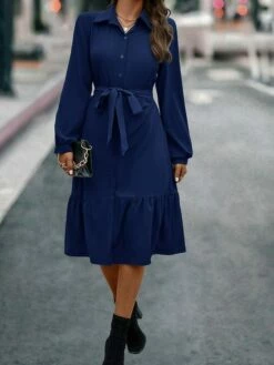 Women's Shirt Dress Casual Dress Maxi Long Dress Outdoor Daily Polyester Basic Classic Shirt Collar Lace Up Button Long Sleeve Spring Fall Winter 2023 Loose Fit Blue Green Pure Color S M L XL