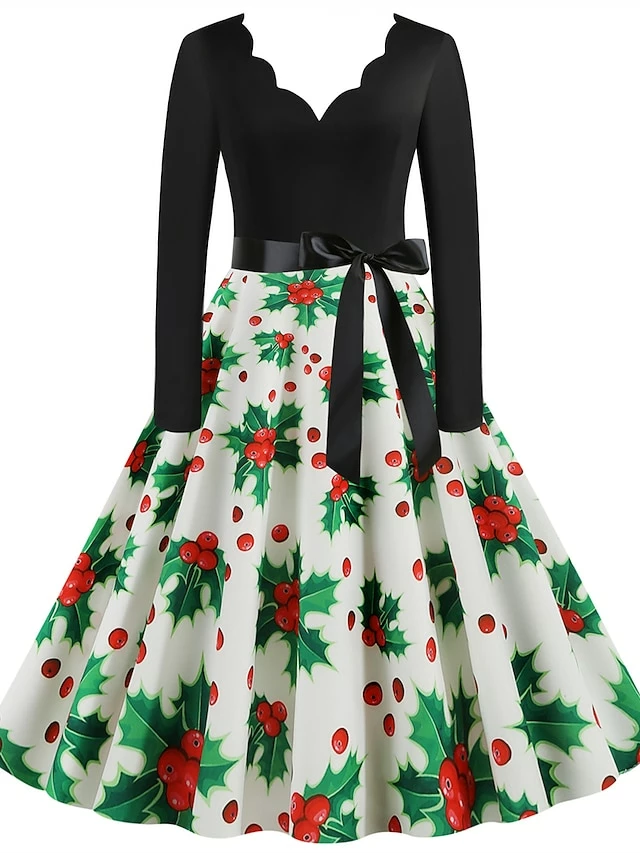 Women's Christmas Retro 1950s Vintage Dress Midi Dress Party Ruched Bow Fruit V Neck Long Sleeve Regular Fit Fall Winter 2023 Deep Green Black S M L XL 16 Women's Christmas Retro 1950s Vintage Dress Midi Dress Party Ruched Bow Fruit V Neck Long Sleeve Regular Fit Fall Winter 2023 Deep Green Black S M L XL - Image 14
