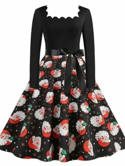 Women's Christmas Vintage Dress Midi Dress Black And White Green Black Long Sleeve Santa Claus Bow Winter Fall Autumn Square Neck Stylish Christmas Vacation 2022 S M L XL XXL 3XL -LIGHTINTHEBOX Shop juwuuq1667637299321