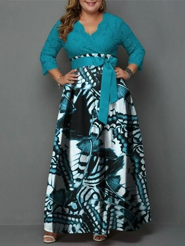 Women‘s Plus Size Curve Casual Dress Lace Dress Swing Dress Butterfly Long Dress Maxi Dress 3/4 Length Sleeve Lace Up Lace V Neck Fashion Outdoor Blue Summer Spring L XL XXL 3XL 4XL 5 Women‘s Plus Size Curve Casual Dress Lace Dress Swing Dress Butterfly Long Dress Maxi Dress 3/4 Length Sleeve Lace Up Lace V Neck Fashion Outdoor Blue Summer Spring L XL XXL 3XL 4XL - Image 3