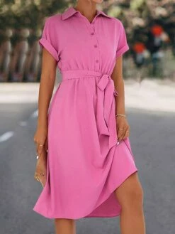 Women's Shirt Dress Casual Dress Midi Dress Outdoor Daily Date Polyester Casual Classic Shirt Collar Lace Up Ruched Short Sleeve Summer Spring 2023 Loose Fit Black Blue Rose Red Plain S M L XL -LIGHTINTHEBOX Shop jwcfsm1677739301492