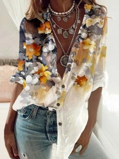 Women's Shirt Blouse Yellow Floral Button Print Long Sleeve Casual Holiday Basic V Neck Regular Fit Floral Spring Fall