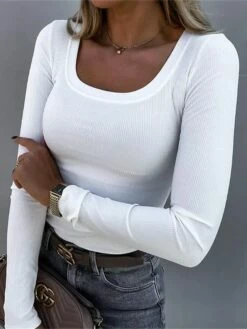 Women's T Shirt Tee Black White Pink Plain Long Sleeve Daily Weekend Fashion U Neck Slim Spring &Fall