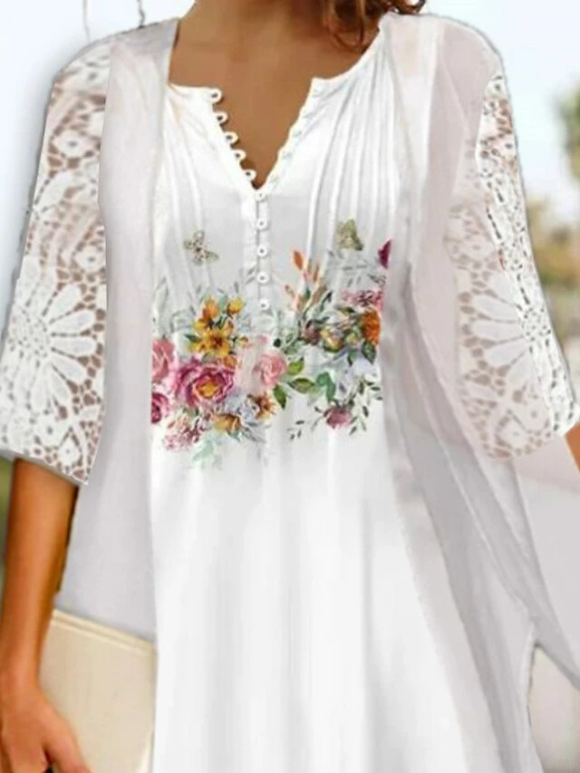 Women's Two Piece Dress Set Casual Dress Print Dress Daily Vacation Fashion Elegant Lace Button Midi Dress V Neck Half Sleeve Floral Regular Fit White Yellow Pink Summer Spring S M L XL XXL 4 Women's Two Piece Dress Set Casual Dress Print Dress Daily Vacation Fashion Elegant Lace Button Midi Dress V Neck Half Sleeve Floral Regular Fit White Yellow Pink Summer Spring S M L XL XXL - Image 2