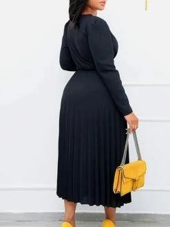 Women's Work Dress Sheath Dress Swing Dress Fashion Winter Dress Office Daily Midi Dress Lace Up Pleated V Neck Long Sleeve Plain Regular Fit Black Yellow Pink Fall Winter S M L XL XXL -LIGHTINTHEBOX Shop jxspav1695027367502