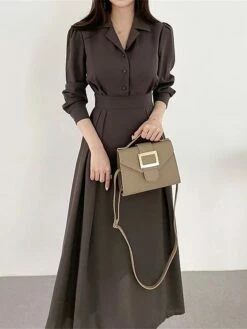 Women's Work Dress Semi Formal Dress A Line Dress Fashion Office Daily Workfashion Midi Dress Ruched Button Shirt Collar Long Sleeve Plain Loose Fit Black Brown Apricot Fall Winter S M L XL -LIGHTINTHEBOX Shop jyoxiu1695805448314