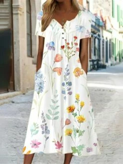 Women's Casual Dress Summer Dress Print Dress Leaf Floral Button Pocket Split Neck Midi Dress Fashion Streetwear Outdoor Daily Short Sleeve Loose Fit Yellow Blue Green Summer Spring S M L XL XXL -LIGHTINTHEBOX Shop jypujs1687337050314